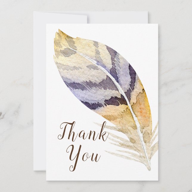 Single Feather Watercolor Thank You Flat Card (Front)