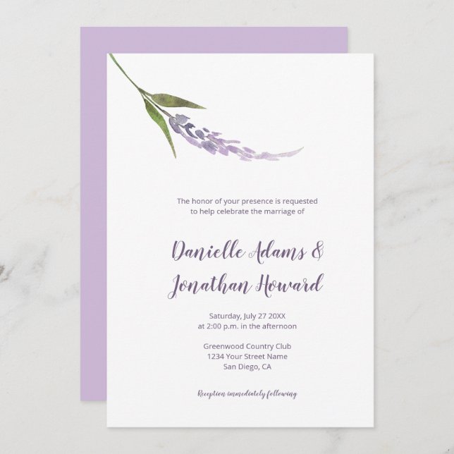 Single Flower Stem Purple Lavender Green Invitation (Front/Back)