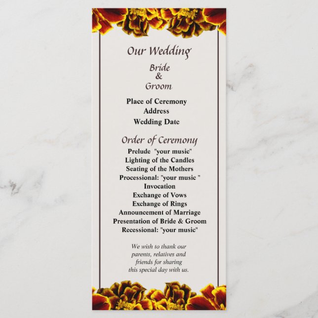 Single French Marigold Wedding Program (Front)