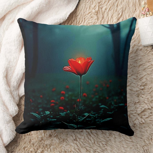 Single Glowing Red Flower Art Throw Pillow (Blanket)