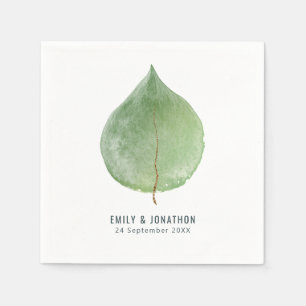 Single Green Eucalyptus Leaf Names Date Wedding Napkins