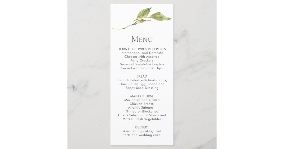 Single Green Leaf Stem Menu Cards | Zazzle