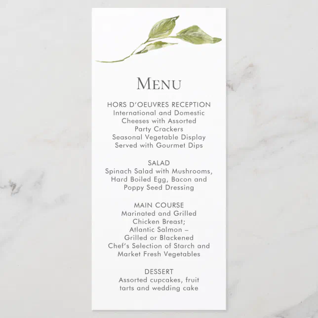 Single Green Leaf Stem Menu Cards | Zazzle