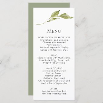 Single Green Leaf Stem Menu Cards | Zazzle