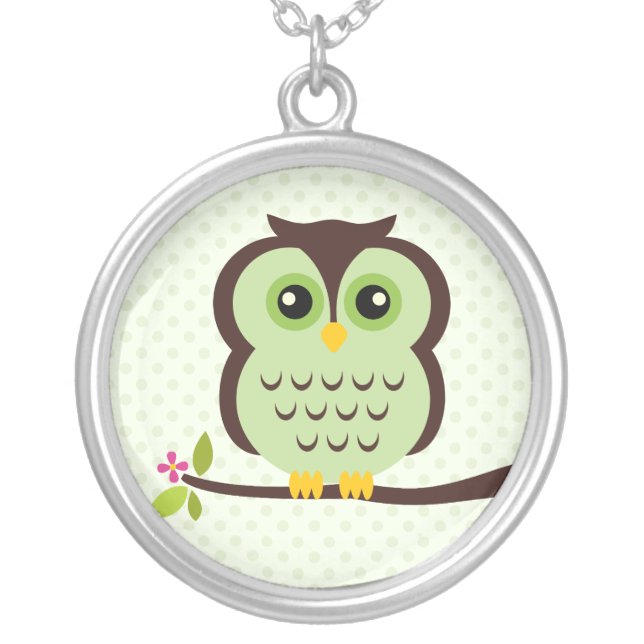 Single Green Owl Silver Plated Necklace (Front)