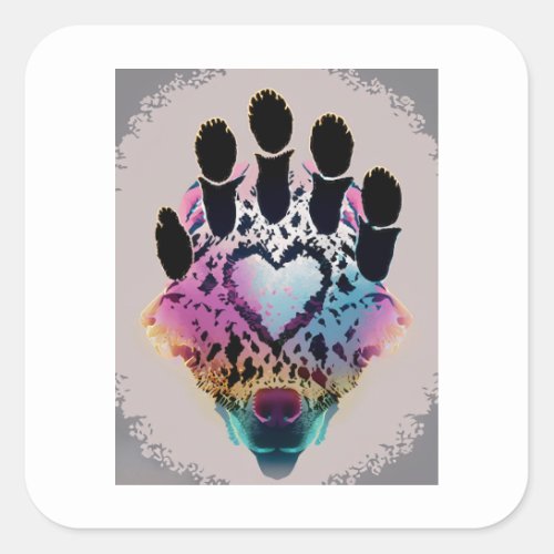 Single Heart On Wolf Face And Overlay Square Sticker