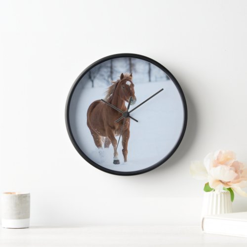 Single Horse Running in Snow Clock