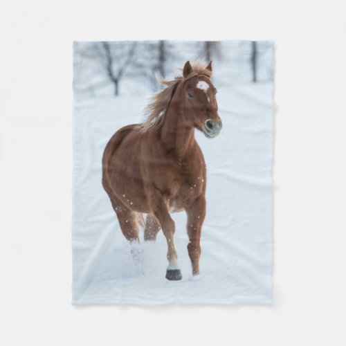 Single Horse Running in Snow Fleece Blanket