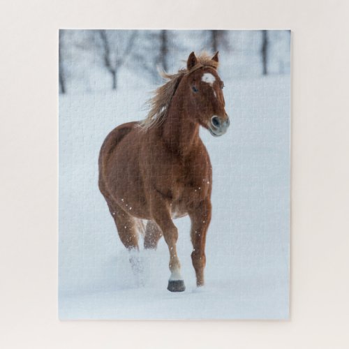 Single Horse Running in Snow Jigsaw Puzzle