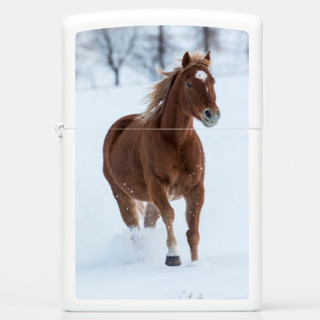 Single Horse Running in Snow Zippo Lighter (Front)