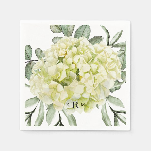 Single Hydrangea Black Monogram Cocktail Napkins (Front)