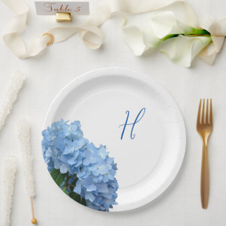 Single Initial Blue Floral Wedding  Paper Plates