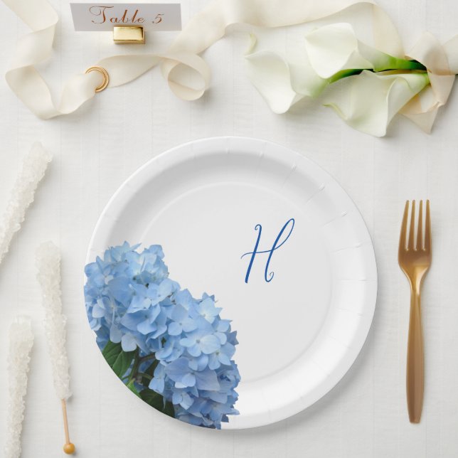 Single Initial Blue Floral Wedding  Paper Plates (Wedding)