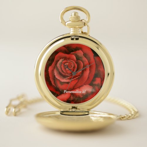 Single large red rose blossom close up pocket watch