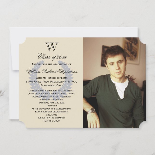 Single Letter Monogram Blue Photo Graduation Invitation (Front)