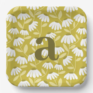 Single Letter Monogram Olive Green Floral Pattern Paper Plates