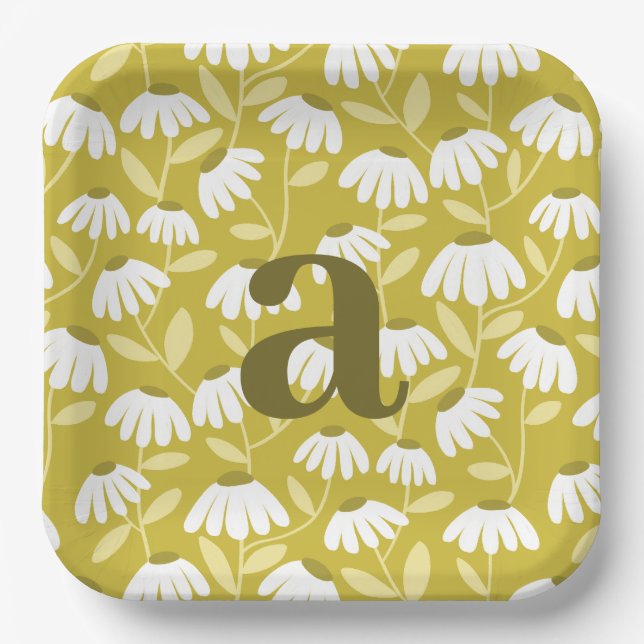 Single Letter Monogram Olive Green Floral Pattern Paper Plates (Front)
