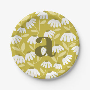Single Letter Monogram Olive Green Floral Pattern Paper Plates