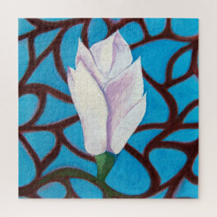 Single Magnolia Flower Blue White Template Spring Jigsaw Puzzle