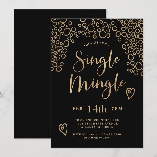 Single Mingle Valentine Party Black and Gold Invitation (Front/Back)