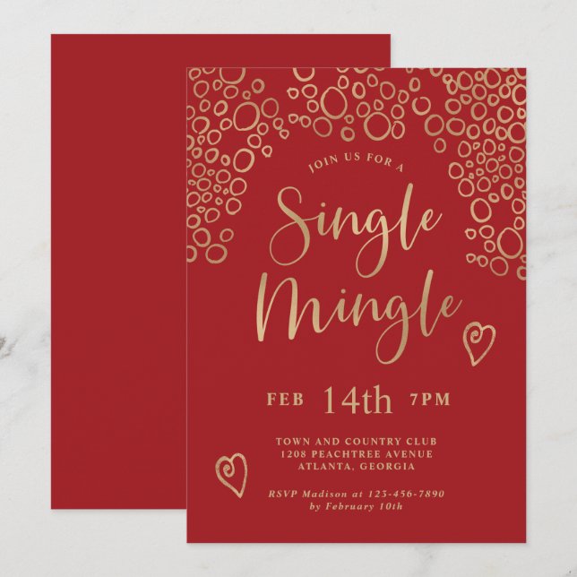 Single Mingle Valentine Party Red and Gold Invitation (Front/Back)