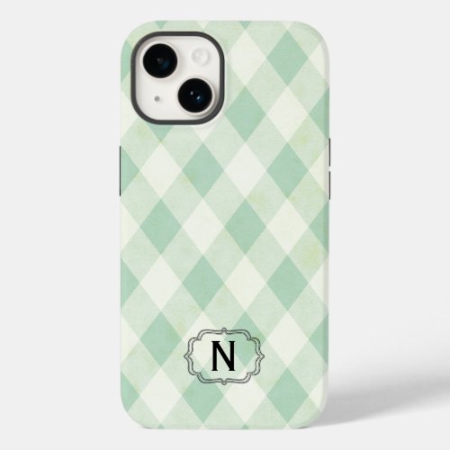 Single Monogram Framed on Mint and Green Gingham Case_Mate iPhone 14 Case