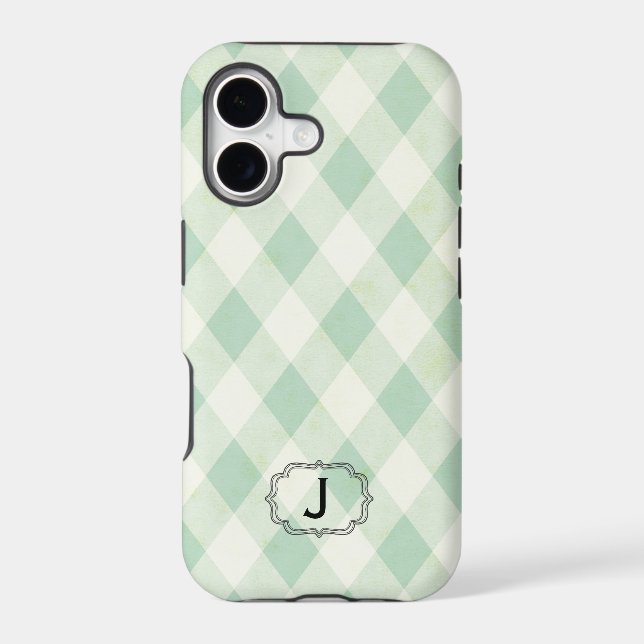 Single Monogram Framed on Mint and Green Gingham Iphone Case (Back)