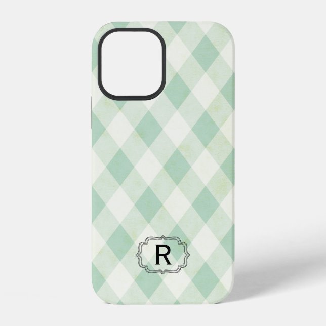 Single Monogram Framed on Mint and Green Gingham Iphone Case (Back)