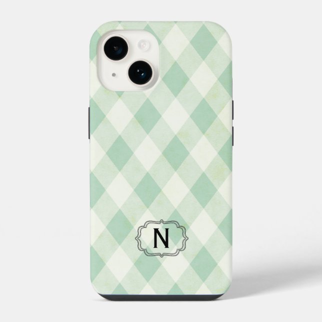 Single Monogram Framed on Mint and Green Gingham Iphone Case (Back)