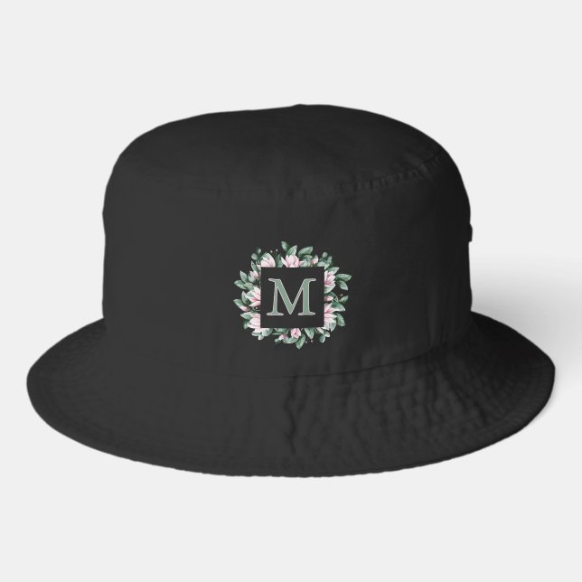 Single Monogram Letter Square Floral Frame Bucket Hat (Front)
