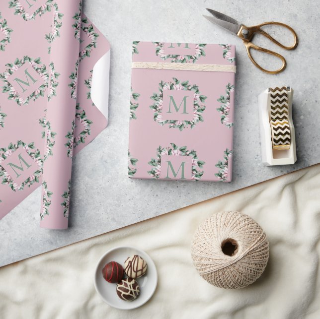 Single Monogram Letter Square Floral Frame Wrapping Paper (Crafts)