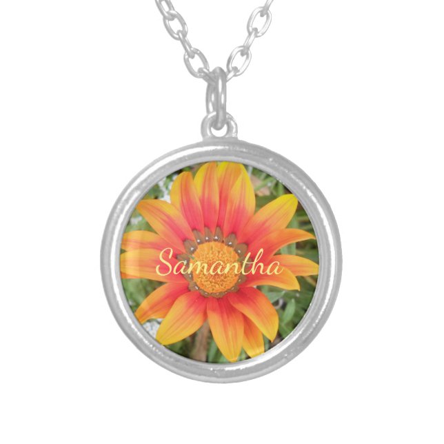 Single Orange Flower Personalised Silver Plated Necklace (Front)
