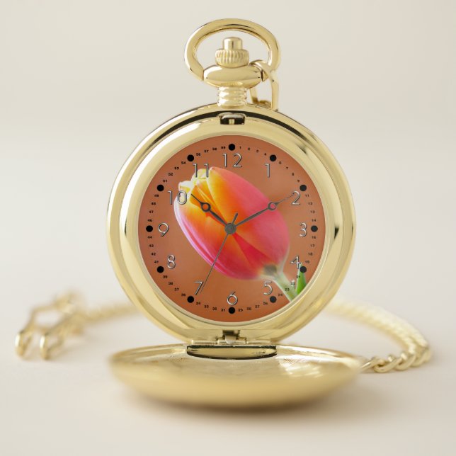 Single Orange Tulip Close-Up Photograph Pocket Watch (Inside)