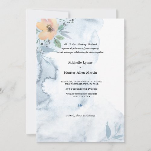 Single Peach Rose and Dusty Blue 2 Wedding Invitation