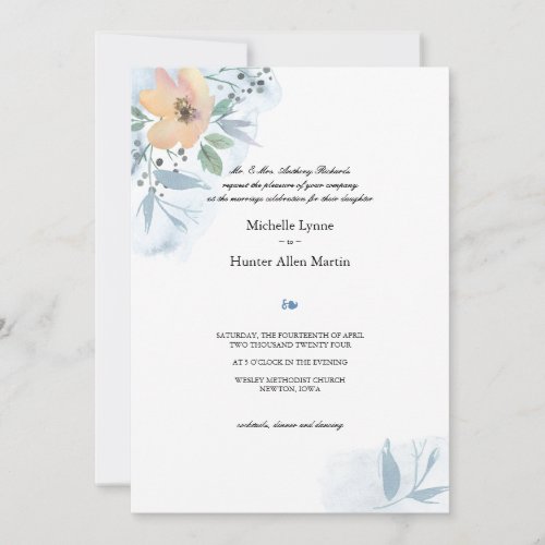 Single Peach Rose and Dusty Blue Wedding Invitation
