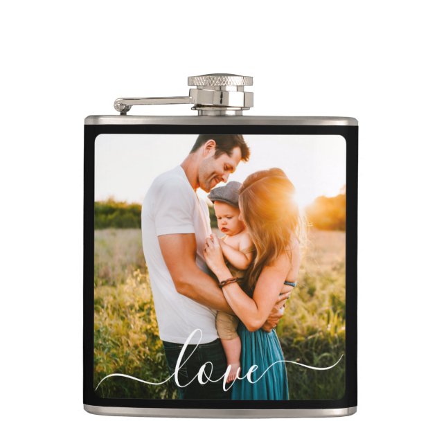 Single Photo Cursive Love Text Black Flask (Front)