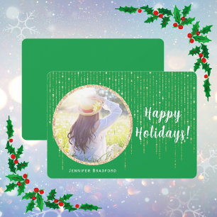 Single Photo Green Happy Holidays Gold Glitter Holiday Card