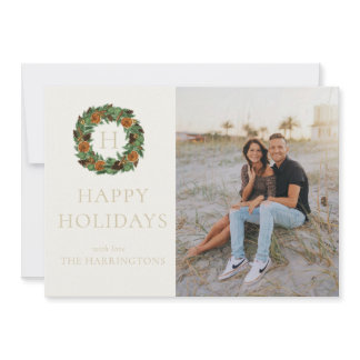 Single Photo Monogram Pine Wreath Simple Holiday