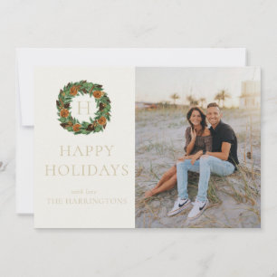Single Photo Monogram Pine Wreath Simple Holiday  Card