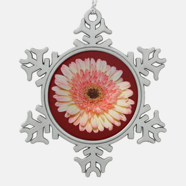 Single pink gerber flower snowflake pewter christmas ornament (Front)