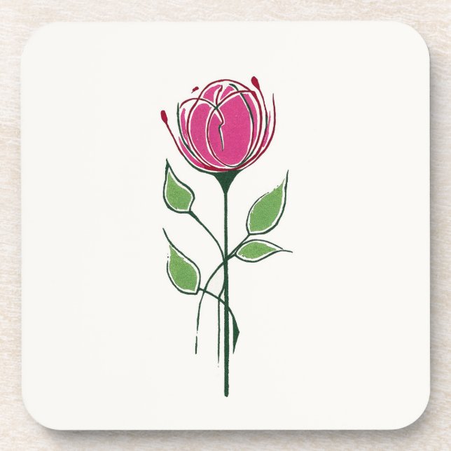 Single Pink Glasgow Style Rose Beverage Coaster (Front)