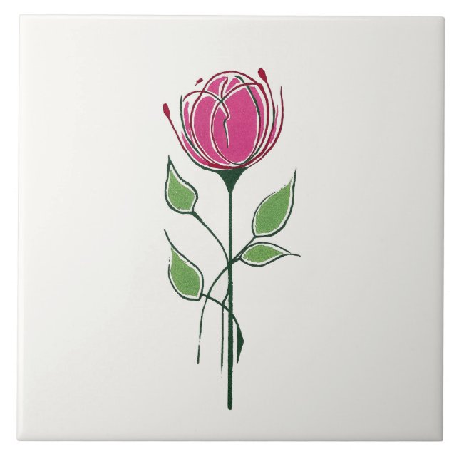 Single Pink Glasgow Style Rose Ceramic Tile (Front)