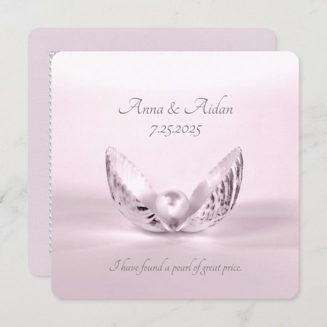 single pink pearl in seashell wedding invite (Front/Back)