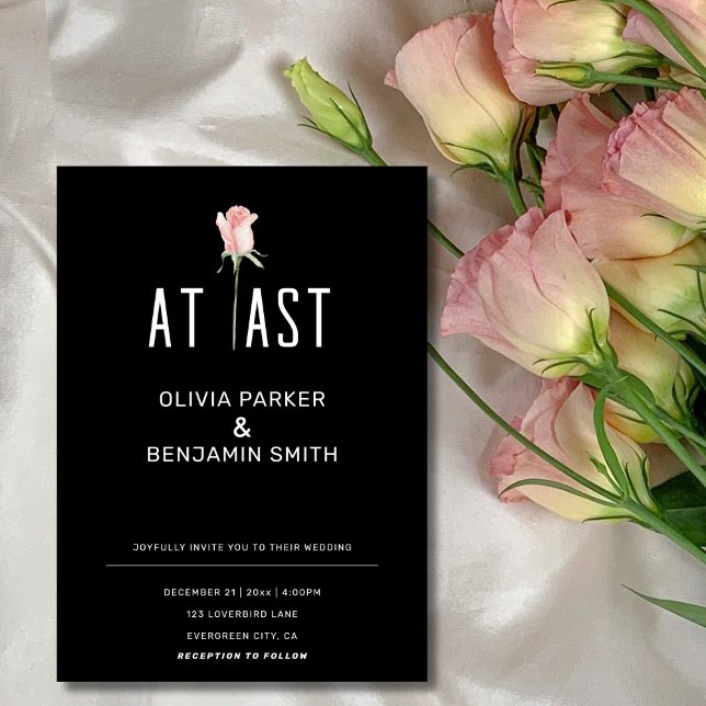 Single Pink Rose At Last Modern Minimal  Wedding  Invitation (At Last Modern Minimalist Black and White Wedding  Invitation )