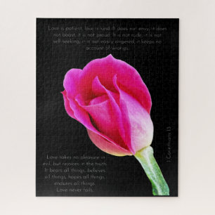 Single pink rose bloom on black, Corinthians Verse Jigsaw Puzzle