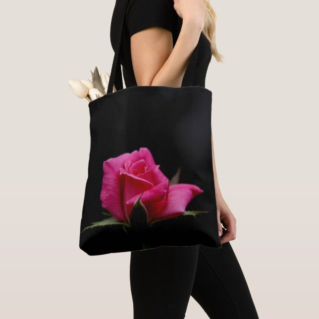 Single Pink Rose Bloom on Black Tote Bag (Close Up)
