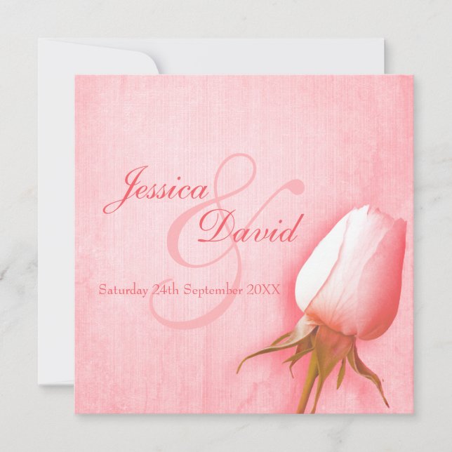 Single pink rose bud wedding square invitation (Front)