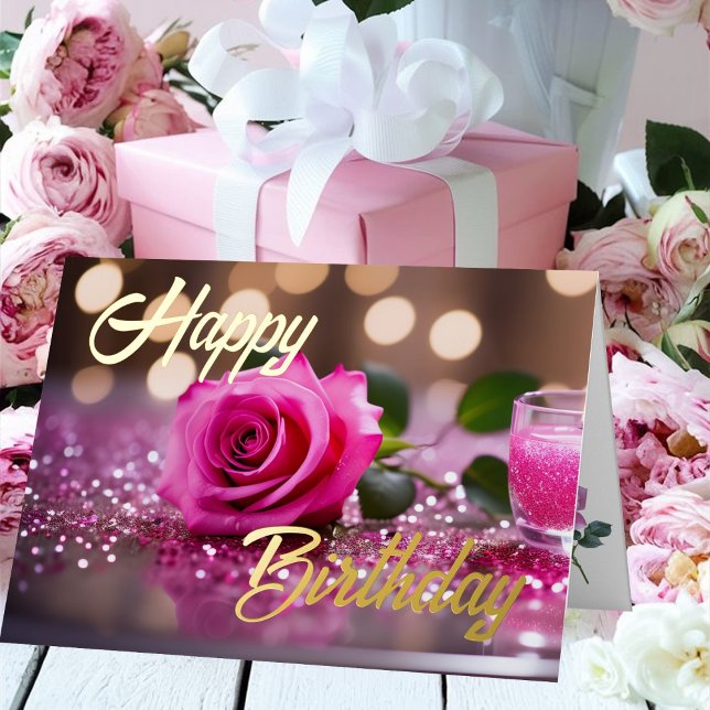 Single Pink Rose Elegant Birthday Wish  Foil Greeting Card (Creator Uploaded)