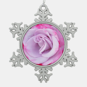 Single pink rose pewter snowflake ornament