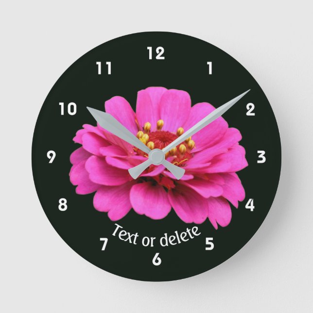 Single Pink Zinnia Flower Personalized Round Clock (Front)